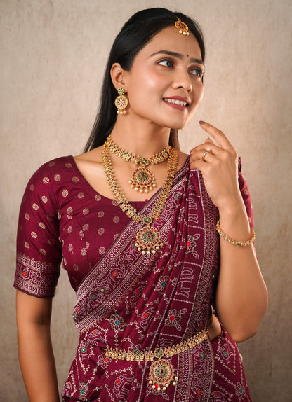The Shubh Vivah Bridal Collection: Complete Antique Matte Gold 5-Piece Jewelry Set with Ruby & Emerald Stone Accents