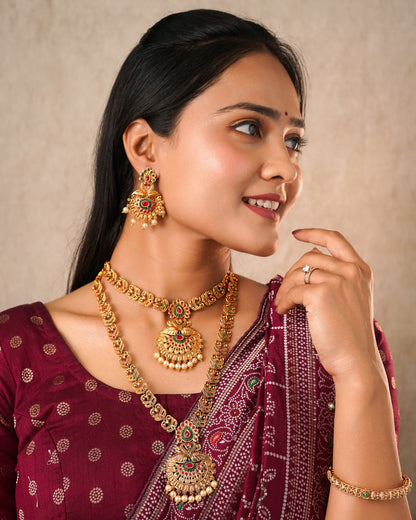The Heritage Bloom Set: Dual-Layered Matte Gold Necklace & Floral Mandala Earrings