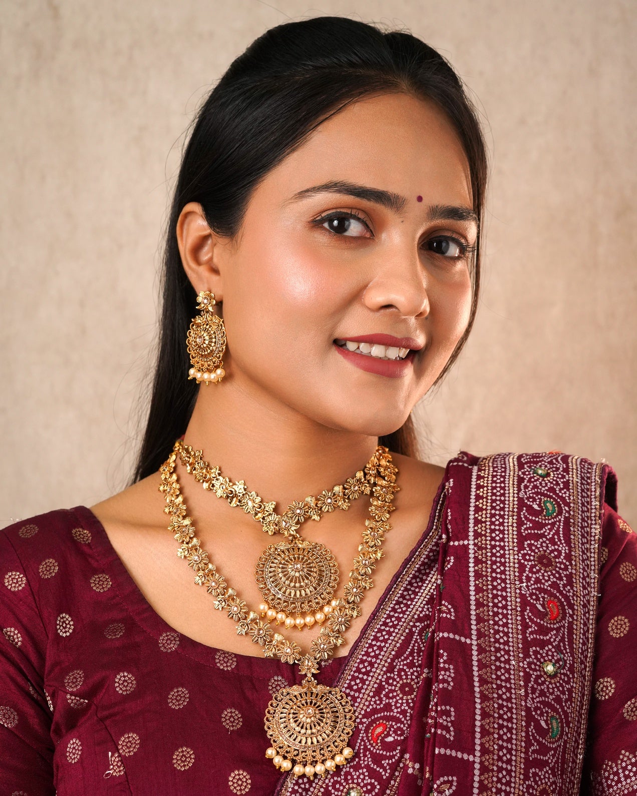 Antique Matte Gold-Plated Long & Short Necklace Set with Matching Jhumka Earrings - 3-Piece Traditional Temple Jewelry Bridal Collection
