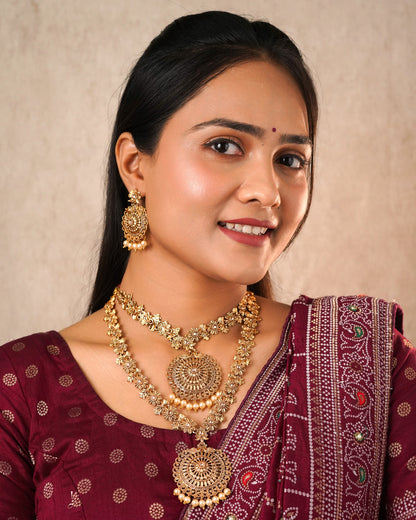 Antique Matte Gold-Plated Long & Short Necklace Set with Matching Jhumka Earrings - 3-Piece Traditional Temple Jewelry Bridal Collection