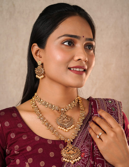 Antique Matte Gold Peacock Pendant Necklace Set - Traditional 2-Piece Haram & Choker Combo with Matching Earrings & Pearl Drops