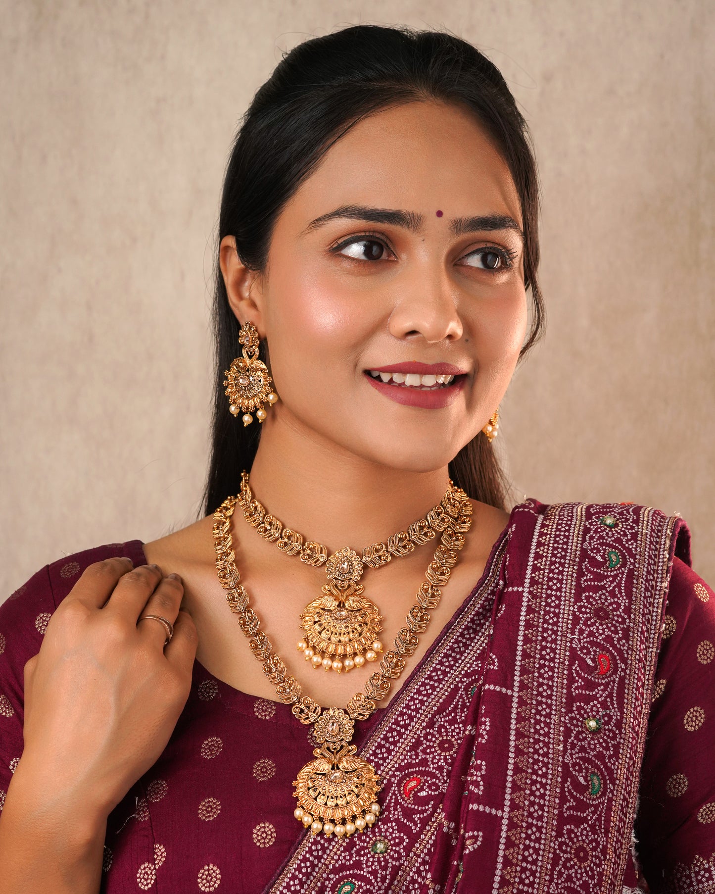 Antique Matte Gold-Plated Long & Short Necklace Set with Matching Jhumka Earrings - 3-Piece Traditional Temple Jewelry Bridal Collection