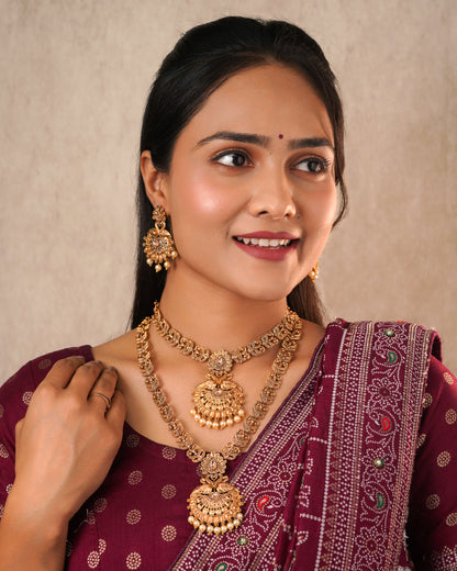 Antique Matte Gold-Plated Long & Short Necklace Set with Matching Jhumka Earrings - 3-Piece Traditional Temple Jewelry Bridal Collection