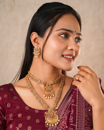 Antique Matte Gold-Plated Chandbali Necklace Set - Traditional 2-Piece Long Haram & Choker Combo with Red & Green Kemp Stones