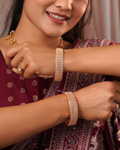 Rose Gold Plated Handcrafted CZ Studded Broad Bangles - Set of 2