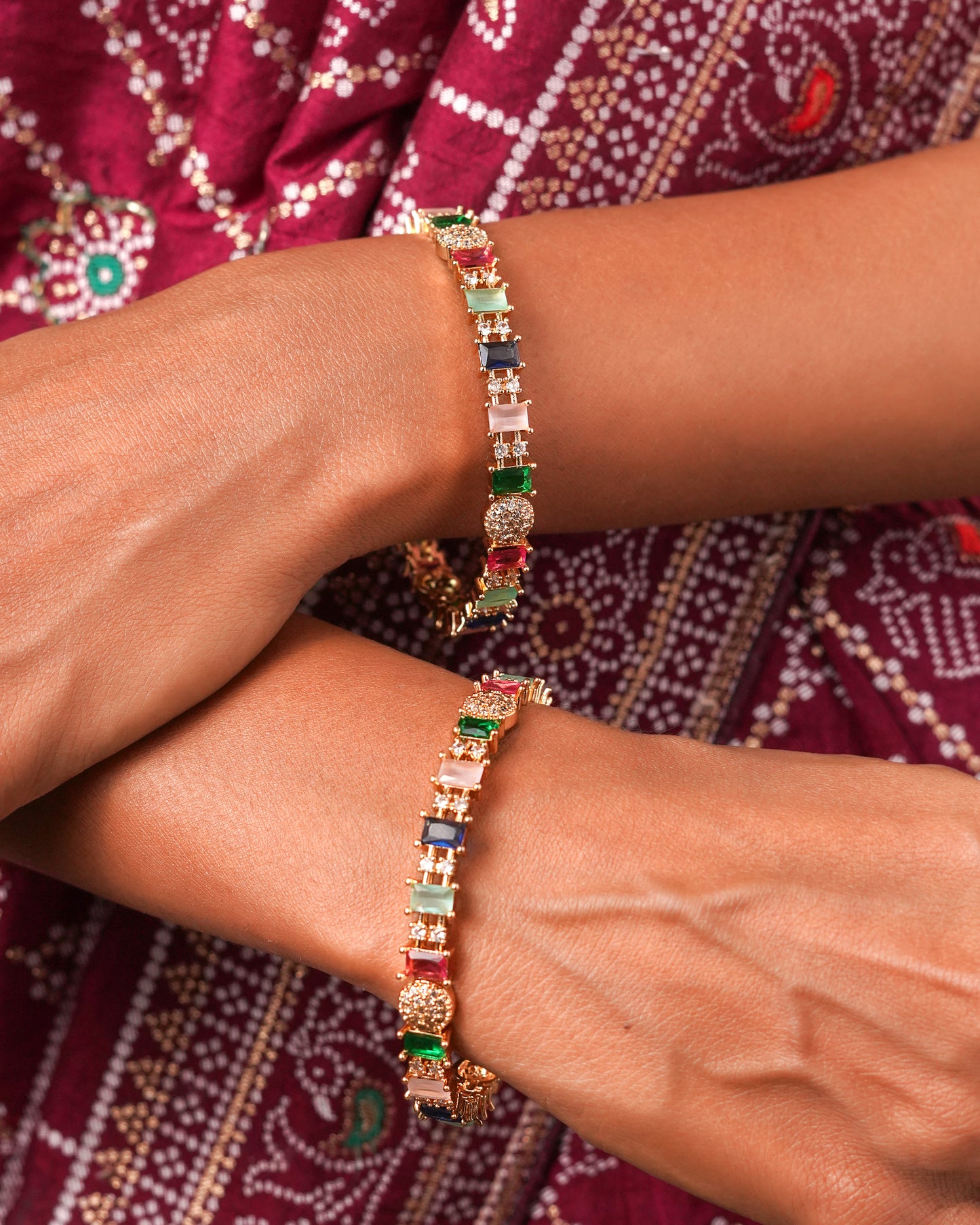 Rose Gold Plated Multi-Color Stone Bangles with Cubic Zirconia (Set of 2)