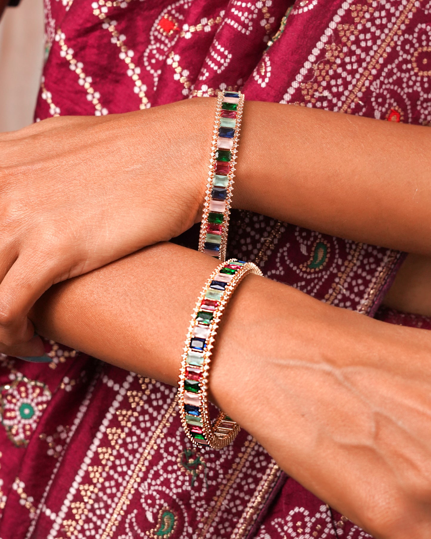 Chic Multicolor Baguette Crystal Statement Bangles(Set Of 2)