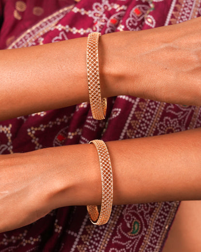 Rose Gold Plated Intricate Lattice Bangles with Cubic Zirconia (Set of 2)