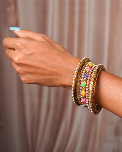 Antique Gold Plated Multi-Color Stacking Bangle Set - 14 Piece Set