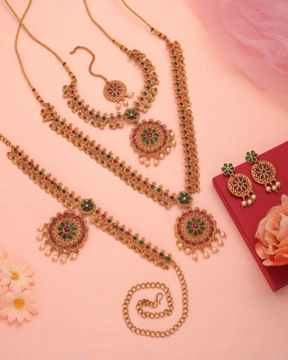 The Shubh Vivah Bridal Collection: Complete Antique Matte Gold 5-Piece Jewelry Set with Ruby & Emerald Stone Accents